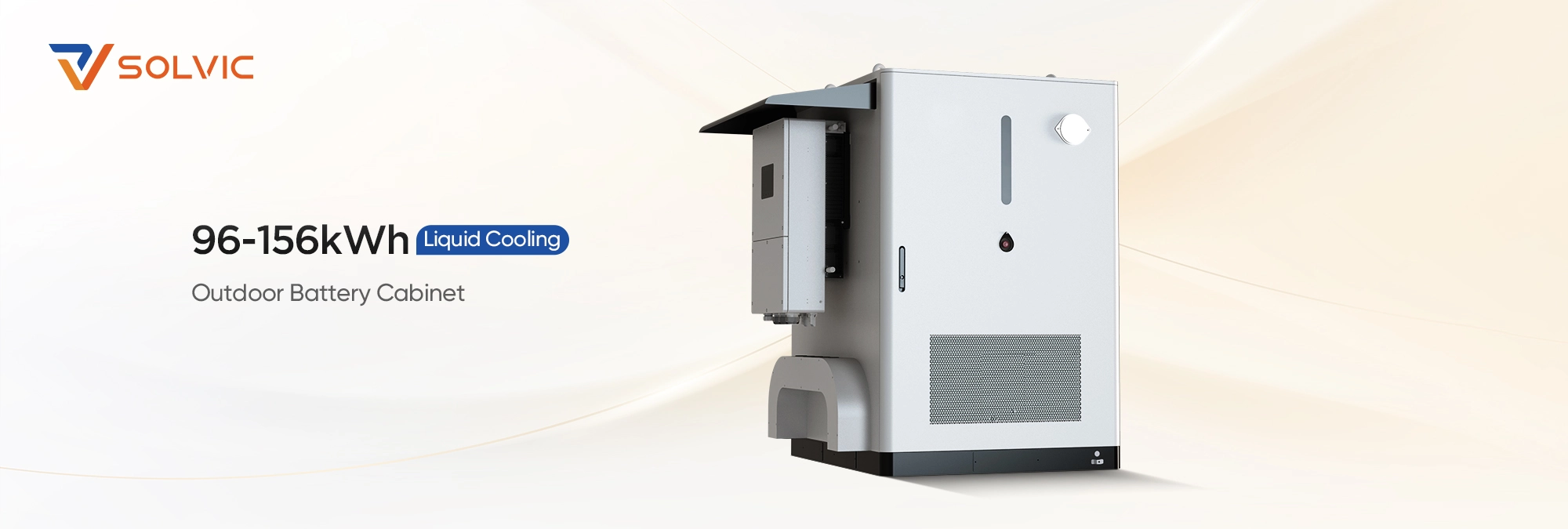 Solvic 96-156KWH liquid cooling battery cabinet poster – compact high-density LFP energy storage with liquid thermal management system, featuring cooling pipes and heat exchanger for uniform temperature control, ideal for commercial and utility-scale BESS projects with space constraints